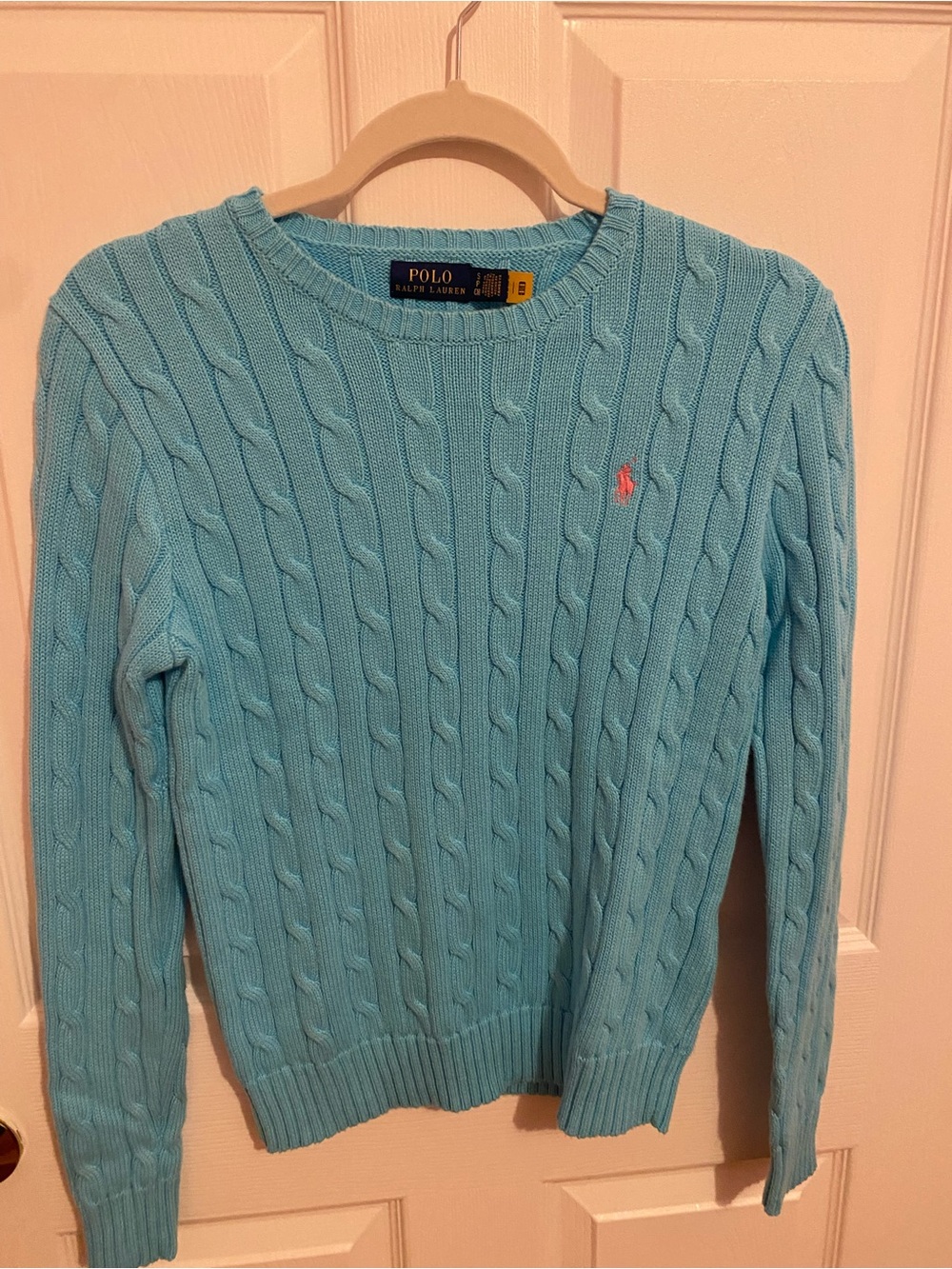 Polo by Ralph Lauren Women's Cable Knit Sweater in Light Aqua w/ pink pony logo